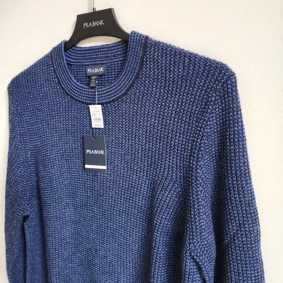 XXL Sweater Blue Navy Jos A Bank Crewneck Chunky Knit Tailored Fit Mens Wool Mix - Picture 13 of 17